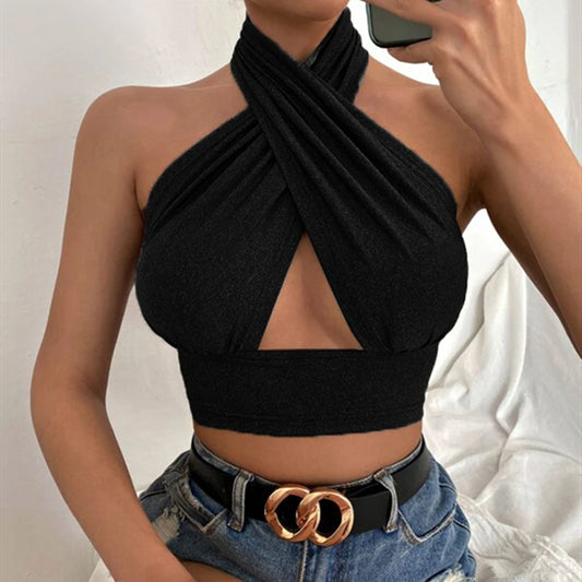 Sexystyle Yk2 Clothes Women Halter Crisscross Crop Tops Backless Tank Top Hollow Out Vest Summer Tees