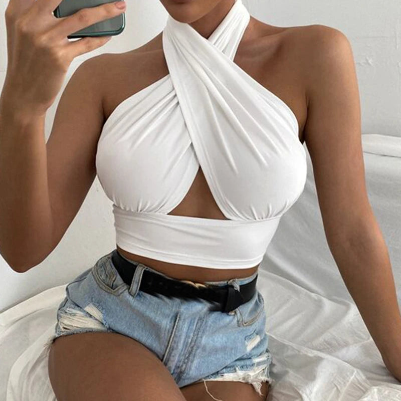 Sexystyle Yk2 Clothes Women Halter Crisscross Crop Tops Backless Tank Top Hollow Out Vest Summer Tees