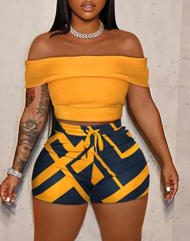 SexyStyle Two Piece Sets Womens Outifits 2023 Summer Fashion Off Shoulder Short Sleeve Crop Top & Casual Geometric Print Skinny Shorts Set - MiroleekNeto