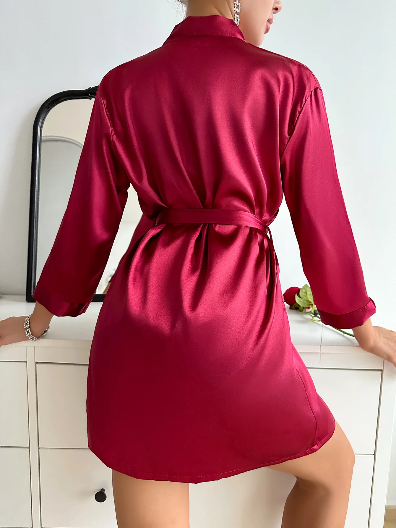 SexyStyle Pajama Set Long Sleeve Robe With Belt & Contrast Lace V Neck Slip Dress Women's Sleepwear - MiroleekNeto