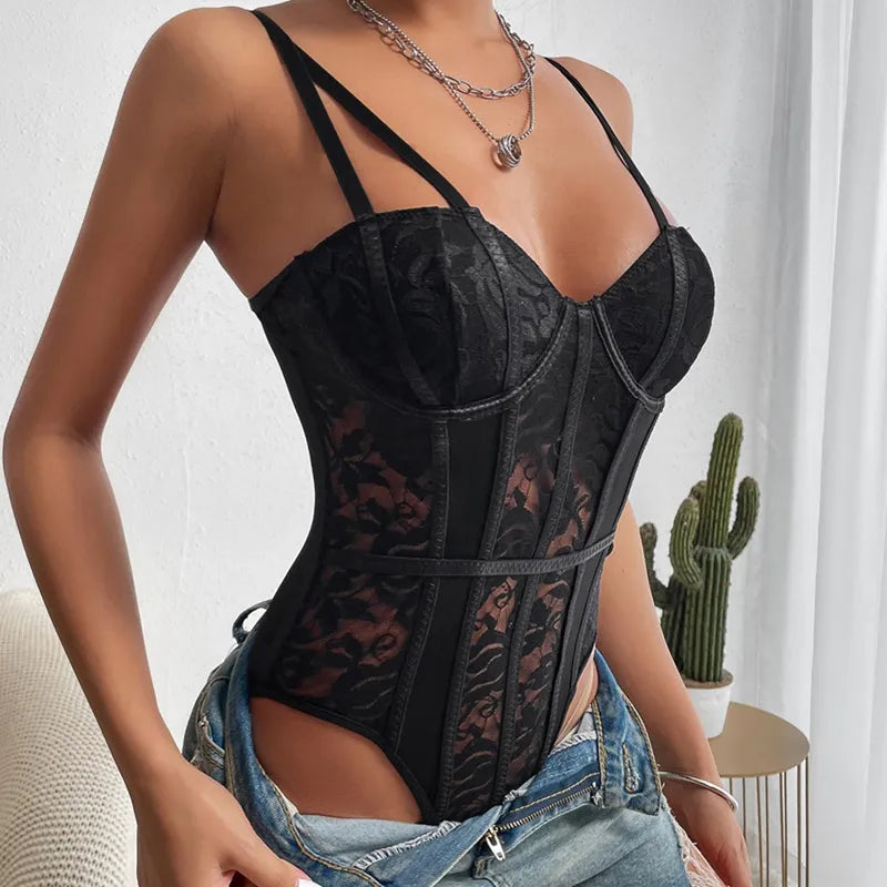 SexyStyle Ladies Sexy Lace Corset Hot Embroidered Bodysuit Lingerie Elasticity Push up Underwear Women Mesh Material Bustier - MiroleekNeto