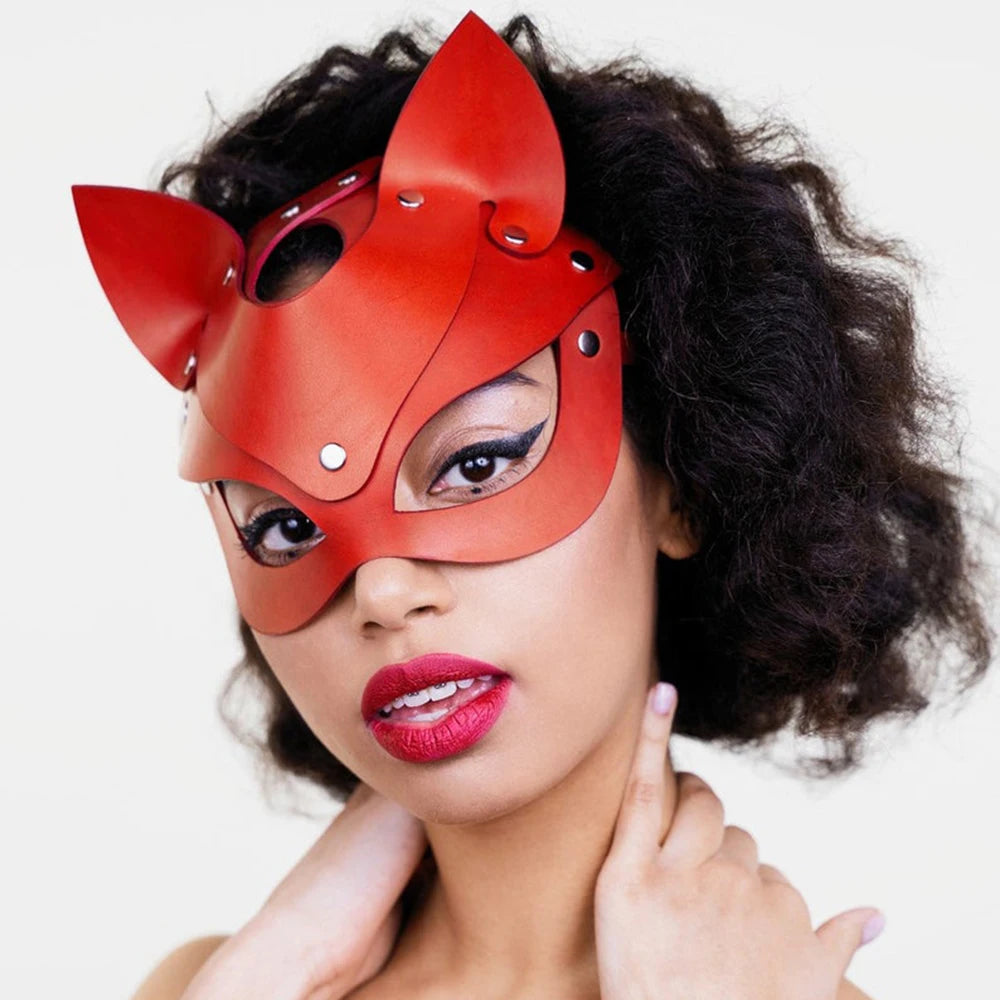 SEXYSTYLERed PU Leather Mask Half Eyes Fox Cosplay Face Cat Halloween Mask Party Adult Game Bdsm Women Man Cosplay Sex Toys Face - MiroleekNeto