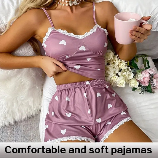 SexySytle Women's Two-Piece V-Neck Suspender Lace Lace Printed Top and Shorts Women's Casual Printed Pajama Set - MiroleekNeto