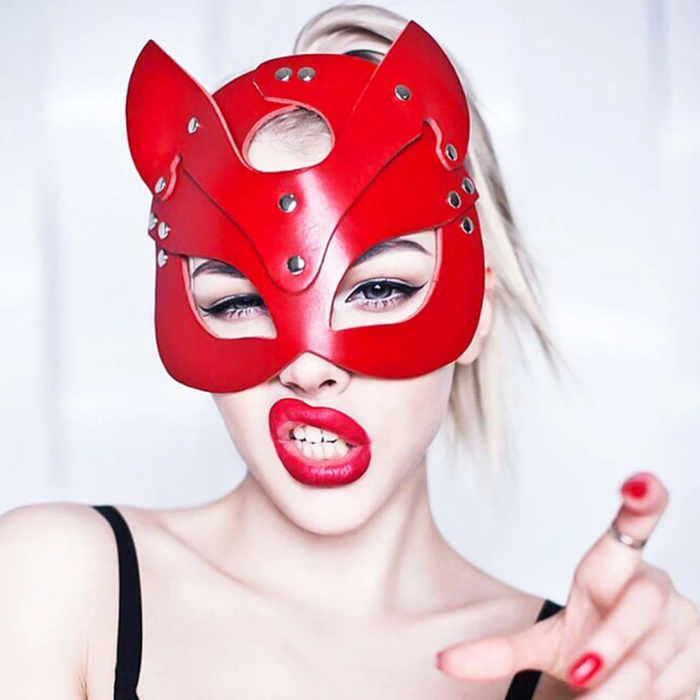 SEXYSTYLERed PU Leather Mask Half Eyes Fox Cosplay Face Cat Halloween Mask Party Adult Game Bdsm Women Man Cosplay Sex Toys Face - MiroleekNeto