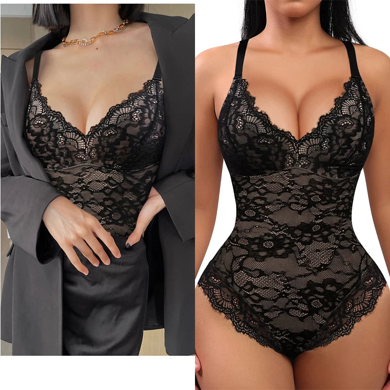 SexyStyle Body Shaper for Women Tummy Control and Black Fat Waist Trainer Shaper Silmming Underdress V-Neck Lace Bodysuit One Piece Shaper - MiroleekNeto