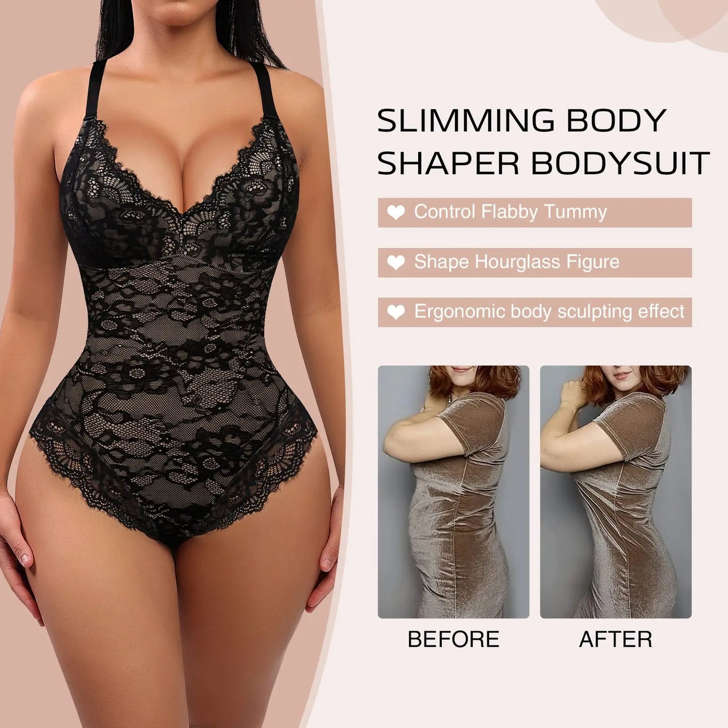 SexyStyle Body Shaper for Women Tummy Control and Black Fat Waist Trainer Shaper Silmming Underdress V-Neck Lace Bodysuit One Piece Shaper - MiroleekNeto